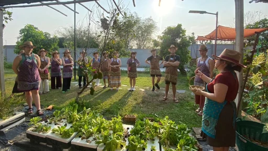 Tour group at Siam Garden Cooking School in Chiang Mai, exploring the herb garden as part of their Chiang Mai tour.