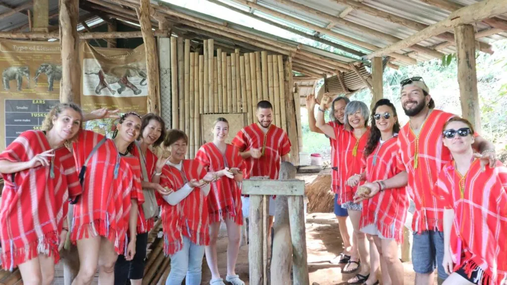 Tourists learning traditional techniques to make elephant medicine on a Chiang Mai tour