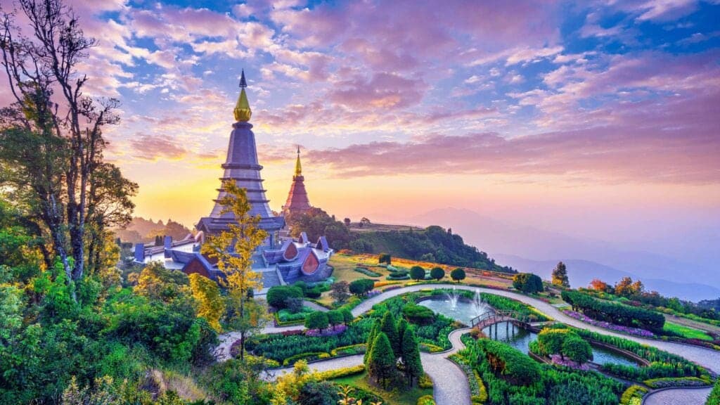 The Twin Pagodas on Doi Inthanon with panoramic mountain views