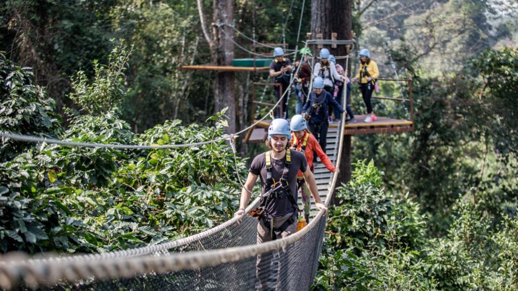 Participants crossing a rope bridge on a Chiangmai Go Tours adventure