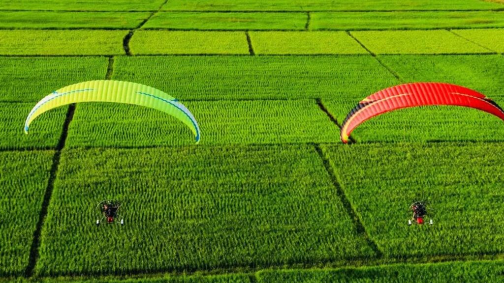 Paramotors flying over lush green fields during a Chiangmai Go Tours adventure