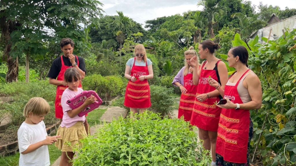 Participants in a garden tour, discovering Thai herbs during a Chiang Mai tour.