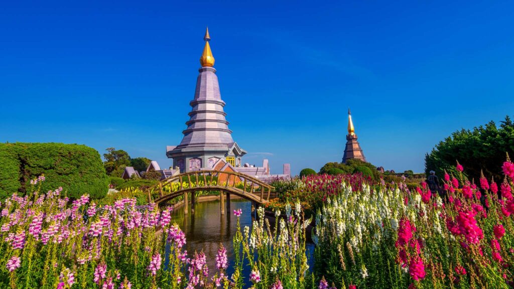 The Twin Pagodas of Chiang Mai are surrounded by flourishing flowers, creating a vibrant tapestry that enhances the stunning panoramic backdrop
