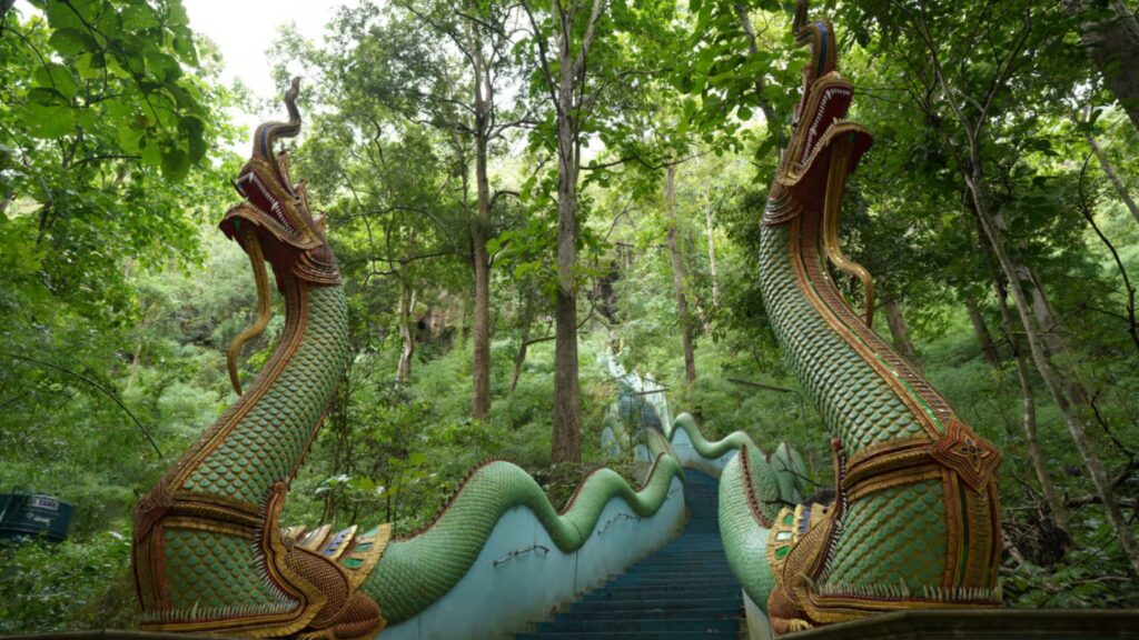 Stairway leading into the massive Bua Tong Cave Thailand