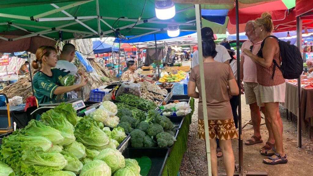 Tourists browsing fresh produce and handmade crafts at a local market.