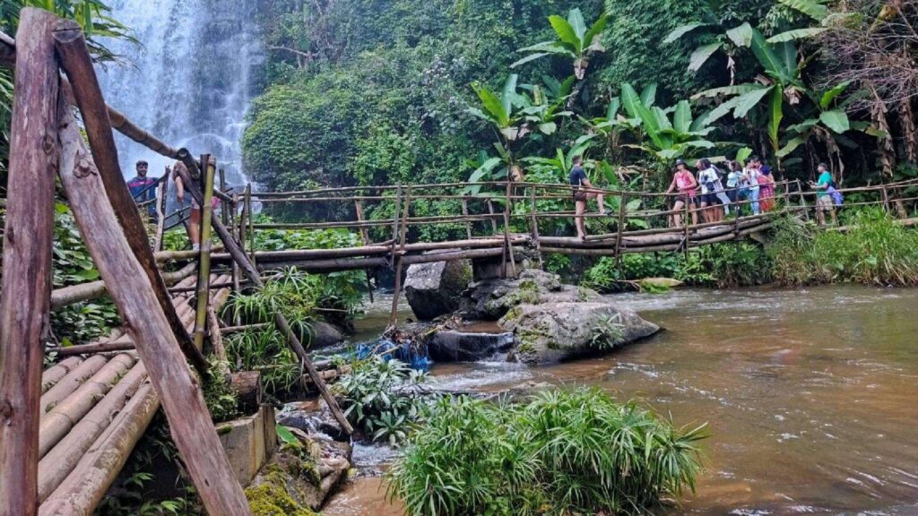 Tourists immersed in the atmosphere of jungle, with a stunning waterfall backdrop during a Chiang Mai excursion