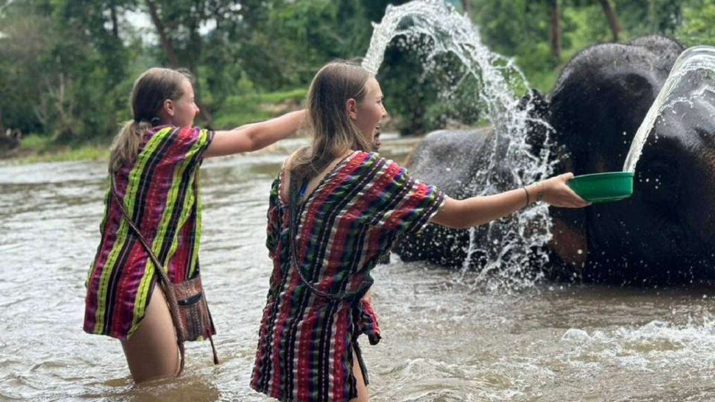 Part of an ethical Chiang Mai excursion, tourists cool off while bathing elephants in the river.