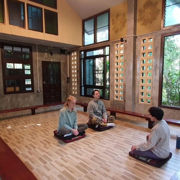 Guests practicing mindfulness meditation during a Chiang Mai wellness tour at a peaceful retreat center