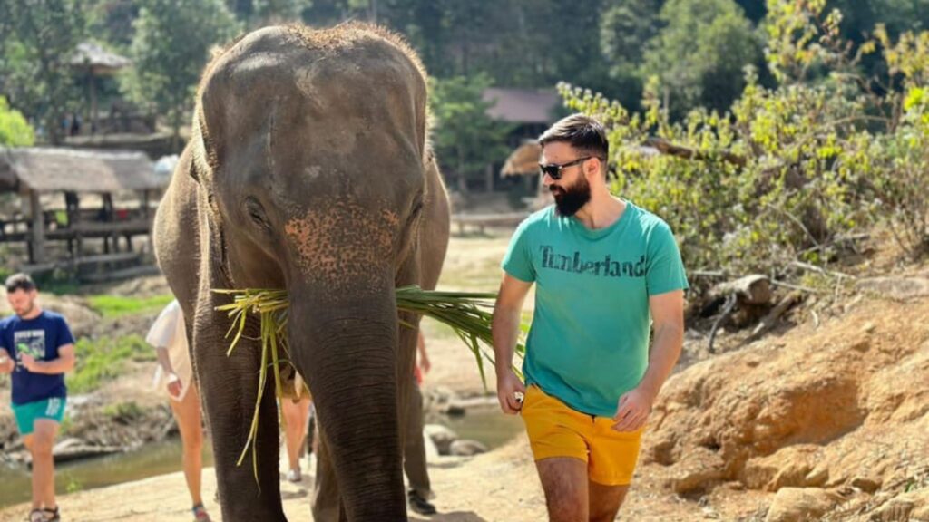 Walking alongside a rescued elephant on a Chiang Mai sanctuary tour